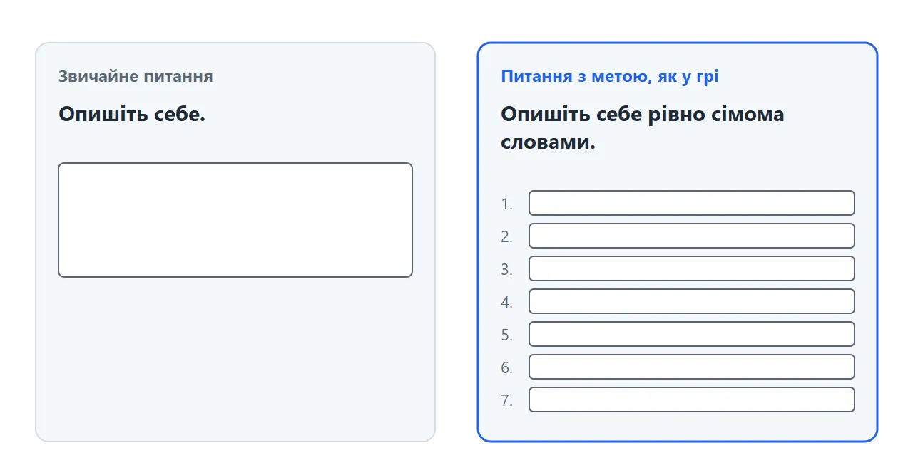 Два питання поруч: „Опишіть себе.“ з одним порожнім полем і „Опишіть себе рівно сімома словами.“ із сімома короткими рядками для відповіді.